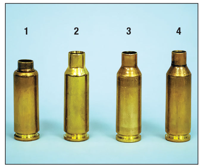 Forming cases: (1) Attempting to resize Lapua 6.5 Grendel cases to 22 ARC in one step resulted in collapsed shoulders and ruined cases, (2) a new, unfired 6.5 Grendel Case, (3) a 6.5 Grendel case necked down to 6mm and (4) a fully-formed 22 ARC case.